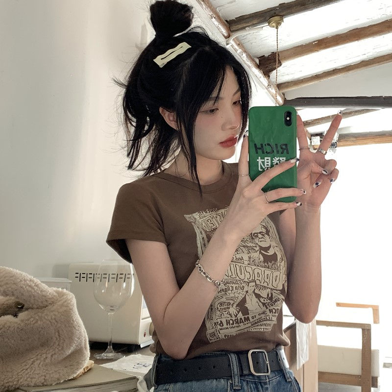 ZHELIHANGFEI Áo Thun Ngắn Tay Cổ Tròn In Họa Tiết Phong Cách Retro Mỹ