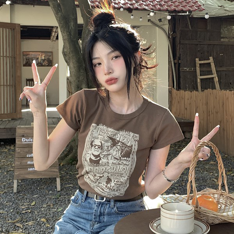 ZHELIHANGFEI Áo Thun Ngắn Tay Cổ Tròn In Họa Tiết Phong Cách Retro Mỹ