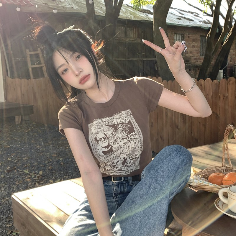 ZHELIHANGFEI Áo Thun Ngắn Tay Cổ Tròn In Họa Tiết Phong Cách Retro Mỹ