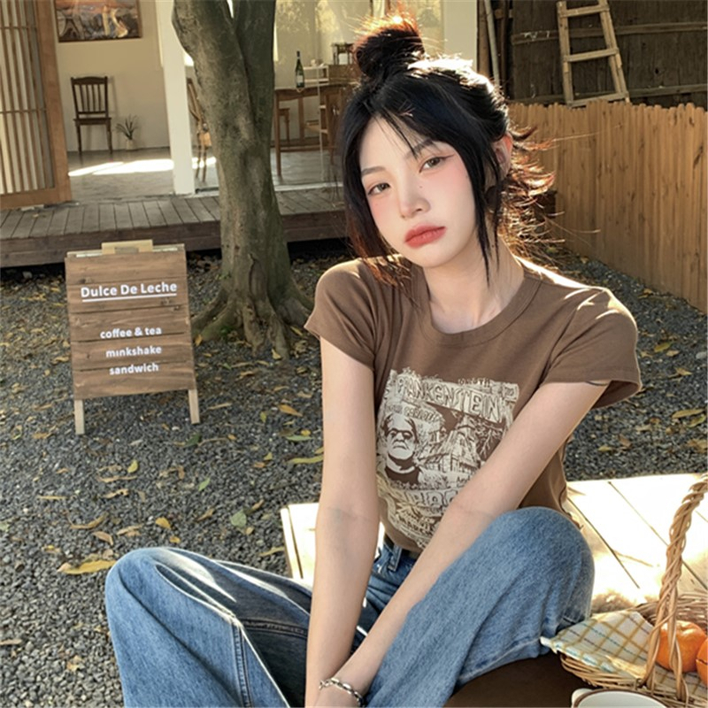 ZHELIHANGFEI Áo Thun Ngắn Tay Cổ Tròn In Họa Tiết Phong Cách Retro Mỹ