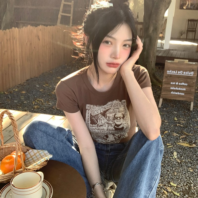 ZHELIHANGFEI Áo Thun Ngắn Tay Cổ Tròn In Họa Tiết Phong Cách Retro Mỹ