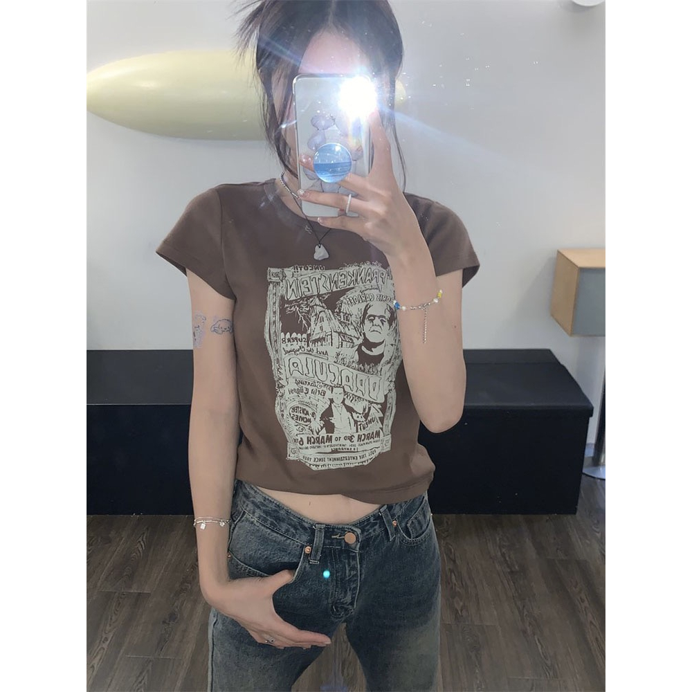 ZHELIHANGFEI Áo Thun Ngắn Tay Cổ Tròn In Họa Tiết Phong Cách Retro Mỹ