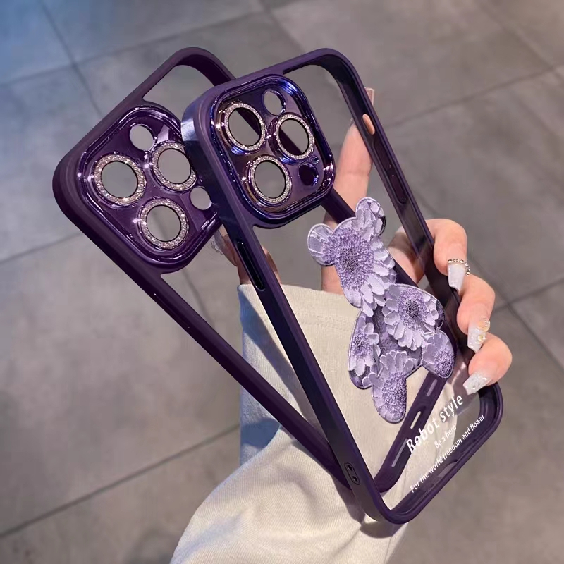 Ốp Điện Thoại Nhựa Cứng In Hình Gấu Và Hoa Tím Cho iPhone 14Promax / 13Promax / 12Promax / 11 Promax / 14 Plus / 14 / 13 / 12 / 11