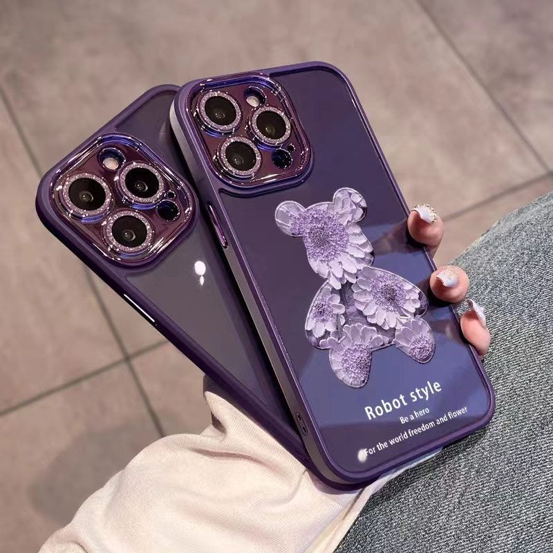 Ốp Điện Thoại Nhựa Cứng In Hình Gấu Và Hoa Tím Cho iPhone 14Promax / 13Promax / 12Promax / 11 Promax / 14 Plus / 14 / 13 / 12 / 11