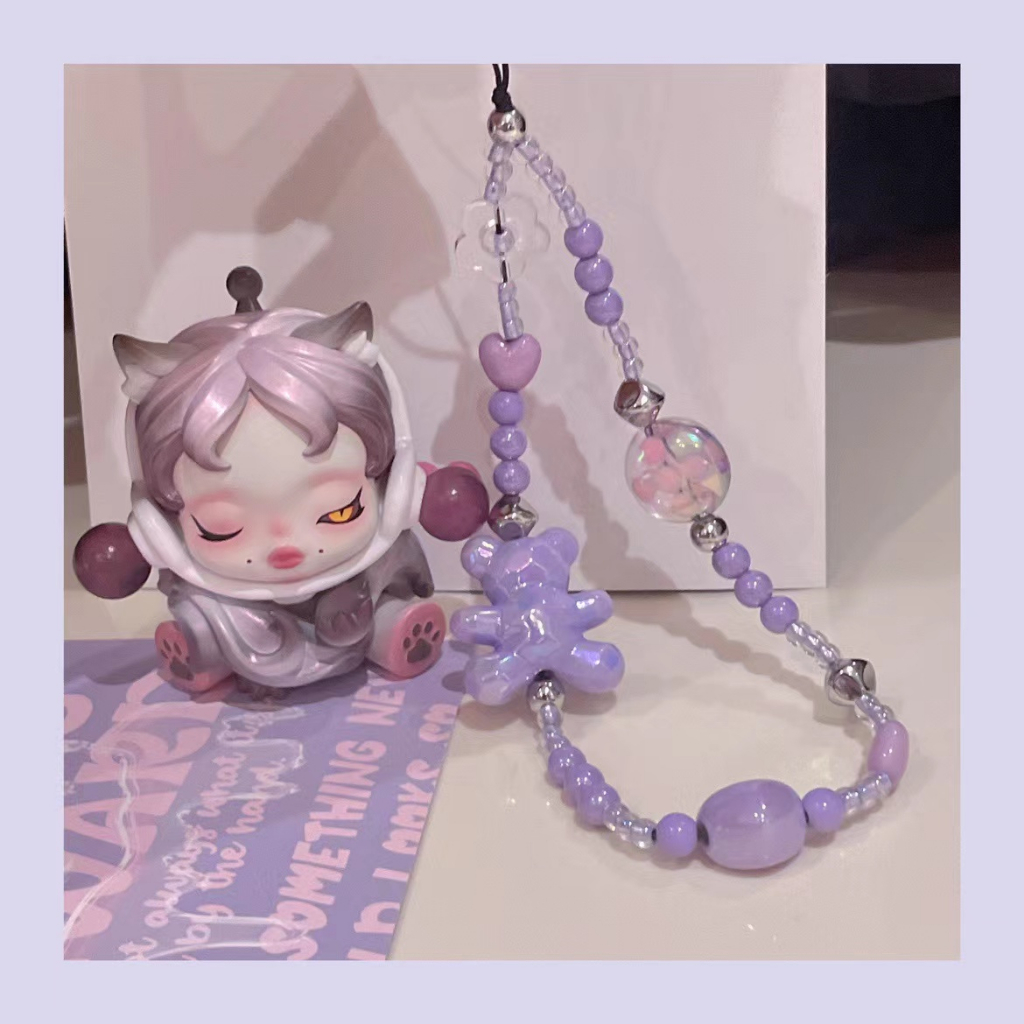 Dây Chuỗi Hạt Handmade Chính Hãng Gắn Điện Thoại Di Động Máy Ảnh CCD Tai Nghe Hoạt Hình Gấu Bài Taro Màu Tí