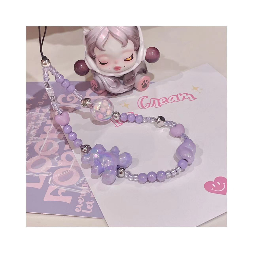 Dây Chuỗi Hạt Handmade Chính Hãng Gắn Điện Thoại Di Động Máy Ảnh CCD Tai Nghe Hoạt Hình Gấu Bài Taro Màu Tí