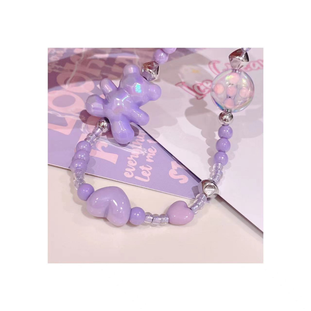 Dây Chuỗi Hạt Handmade Chính Hãng Gắn Điện Thoại Di Động Máy Ảnh CCD Tai Nghe Hoạt Hình Gấu Bài Taro Màu Tí