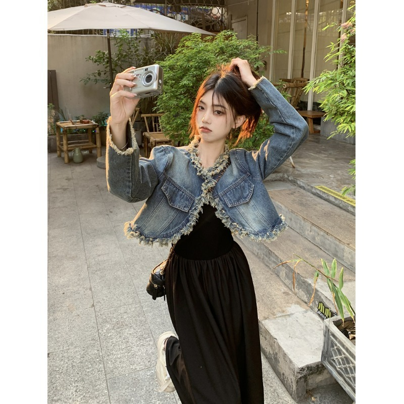 ZHELIHANGFEI Áo Khoác Denim Dáng Ngắn Phong Cách Retro Thời Trang Mới