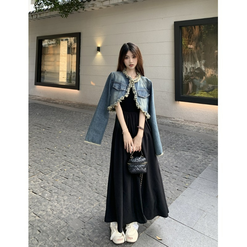 ZHELIHANGFEI Áo Khoác Denim Dáng Ngắn Phong Cách Retro Thời Trang Mới