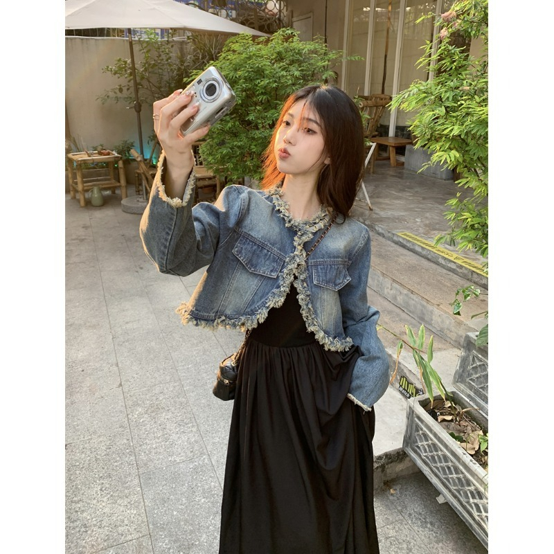 ZHELIHANGFEI Áo Khoác Denim Dáng Ngắn Phong Cách Retro Thời Trang Mới