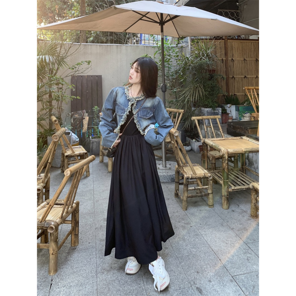 ZHELIHANGFEI Áo Khoác Denim Dáng Ngắn Phong Cách Retro Thời Trang Mới