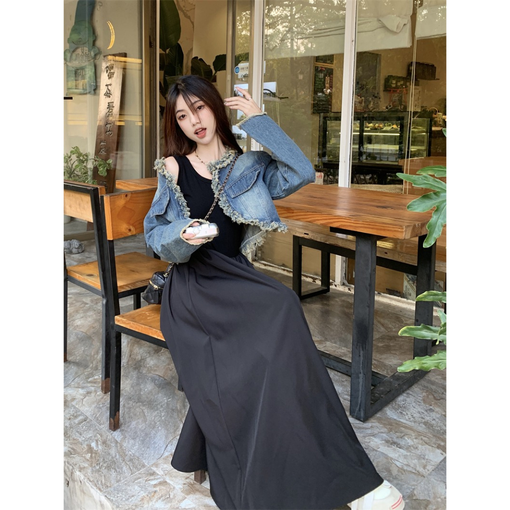 ZHELIHANGFEI Áo Khoác Denim Dáng Ngắn Phong Cách Retro Thời Trang Mới