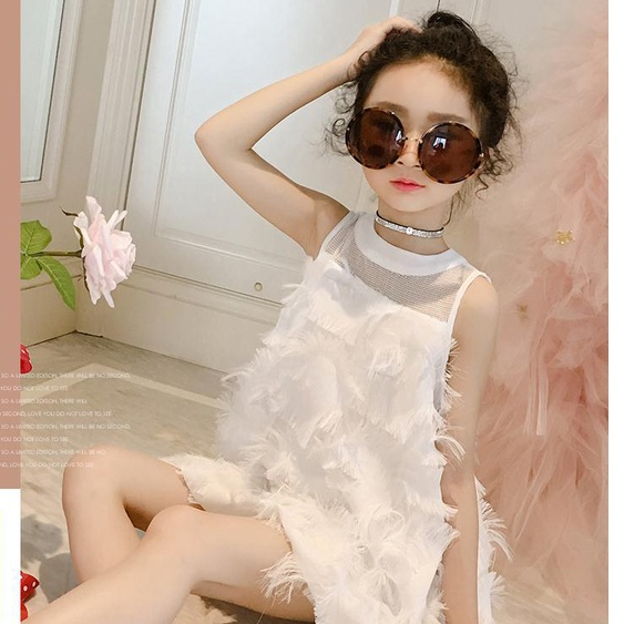 Đầm Công Chúa Màu Trơn Phối Lưới Thoáng Khí Đính Lông Vũ Thời Trang Cho Bé Gái