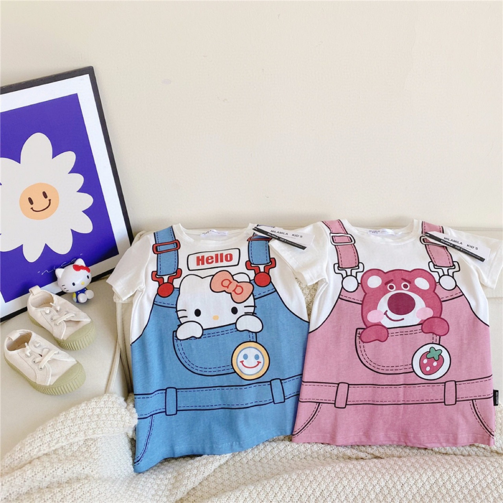 Áo Thun Tay Ngắn Giả Hai Lớp In Hình Hello Kitty Thời Trang Mùa Hè Cho Bé