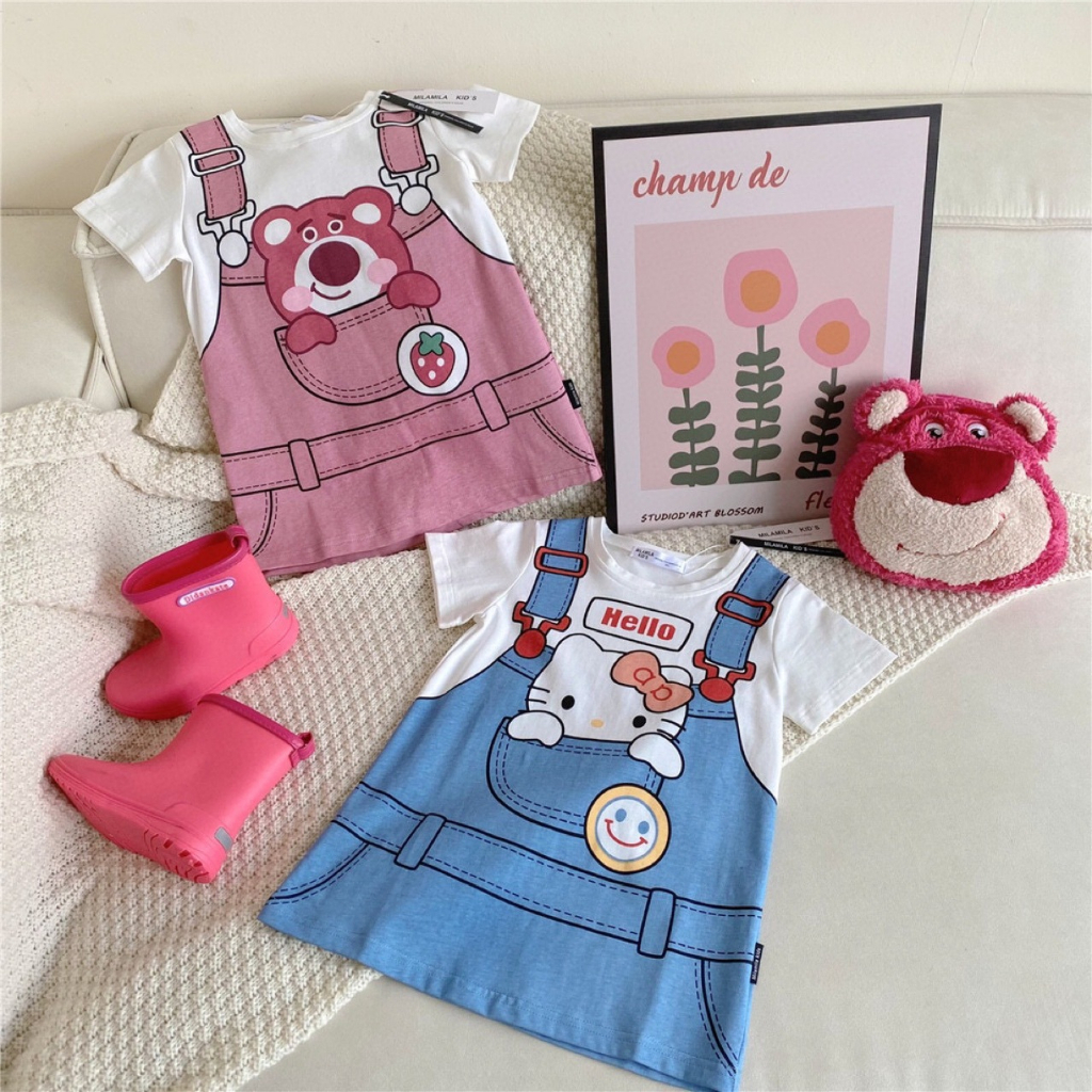 Áo Thun Tay Ngắn Giả Hai Lớp In Hình Hello Kitty Thời Trang Mùa Hè Cho Bé