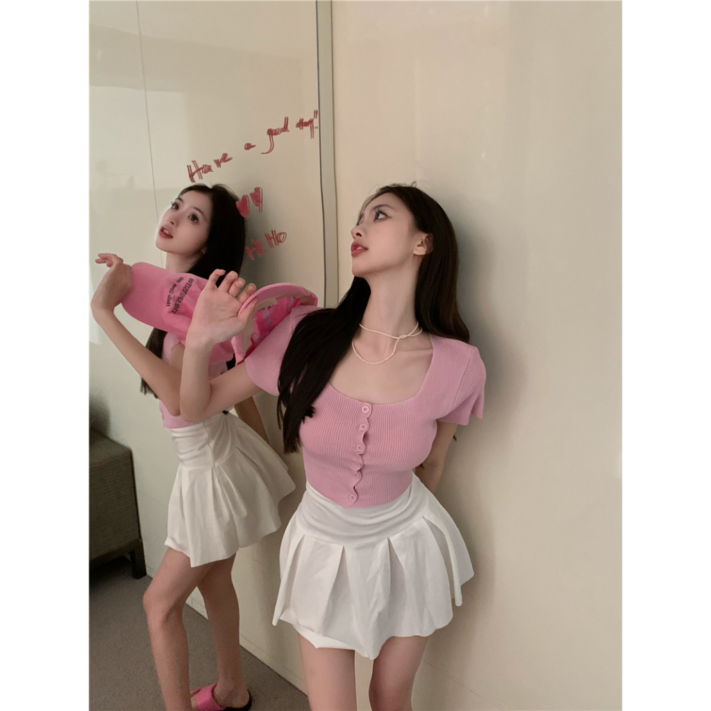 Lalisas Áo Dệt Kim Ngắn Tay Cổ Vuông Màu Kẹo Ngọt Thời Trang Cho Nữ