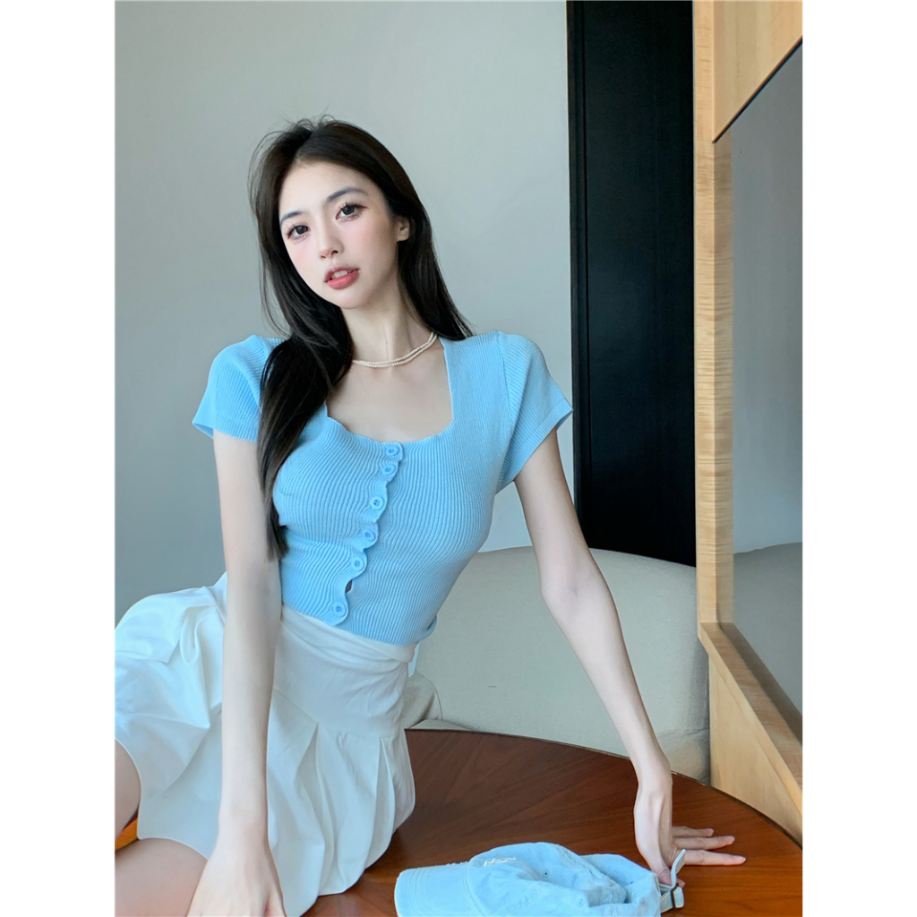 Lalisas Áo Dệt Kim Ngắn Tay Cổ Vuông Màu Kẹo Ngọt Thời Trang Cho Nữ