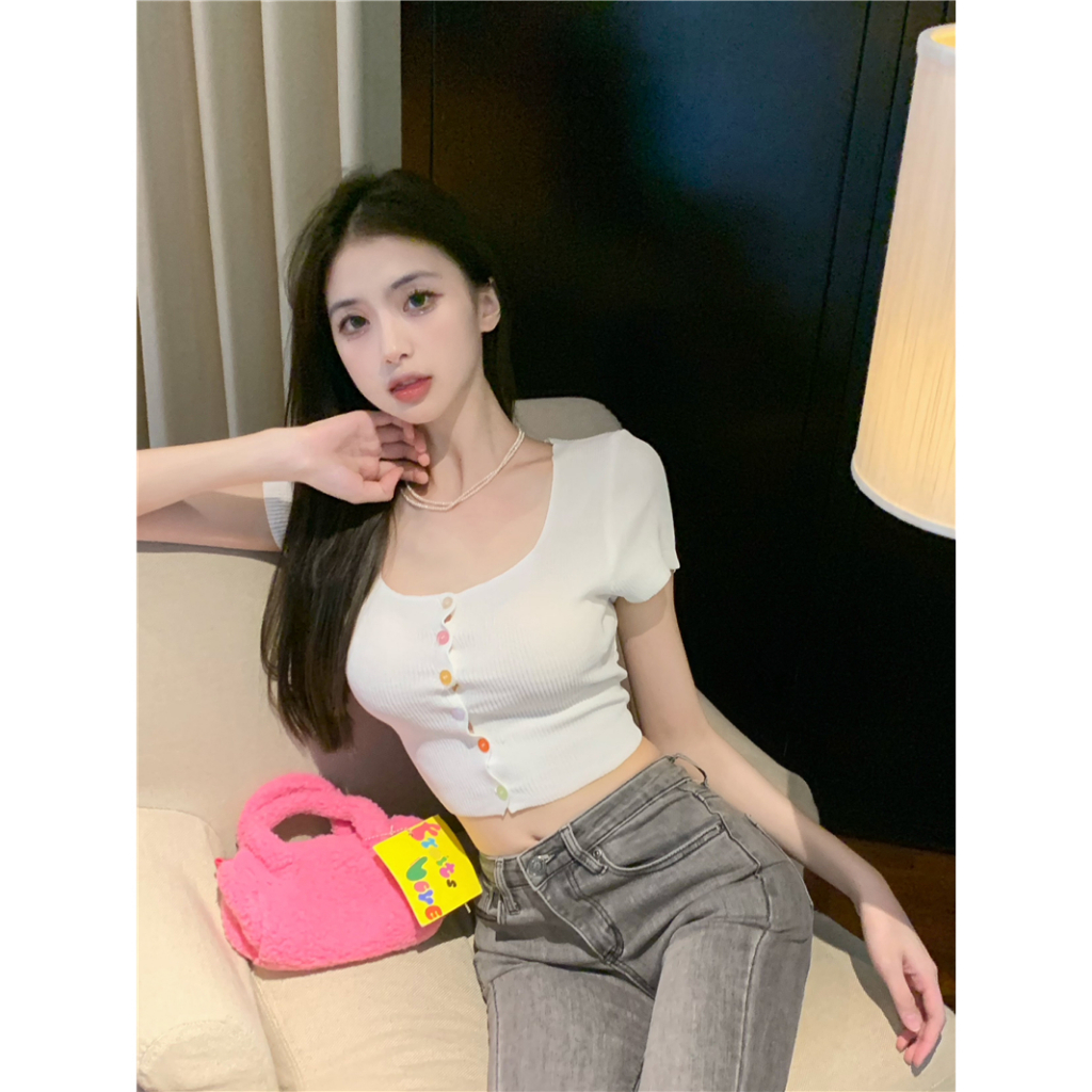 Lalisas Áo Dệt Kim Ngắn Tay Cổ Vuông Màu Kẹo Ngọt Thời Trang Cho Nữ