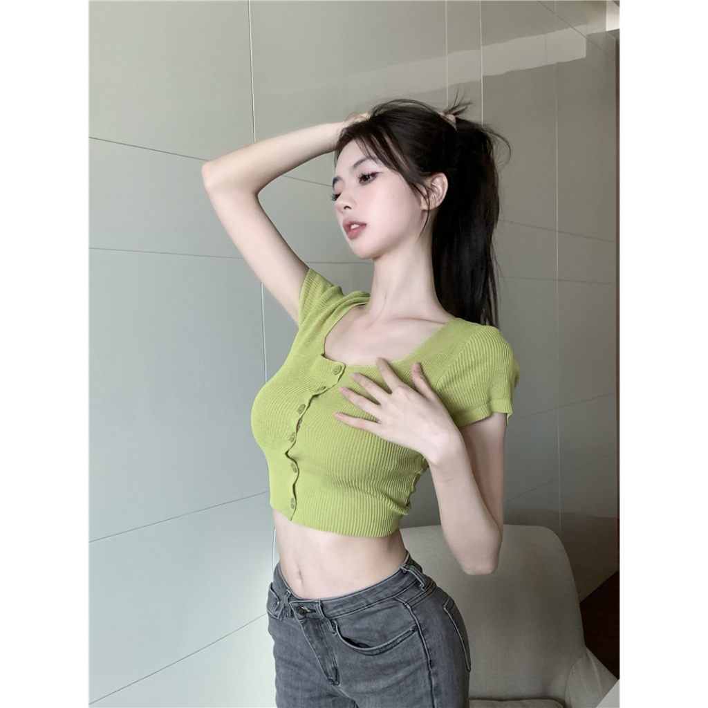 Lalisas Áo Dệt Kim Ngắn Tay Cổ Vuông Màu Kẹo Ngọt Thời Trang Cho Nữ