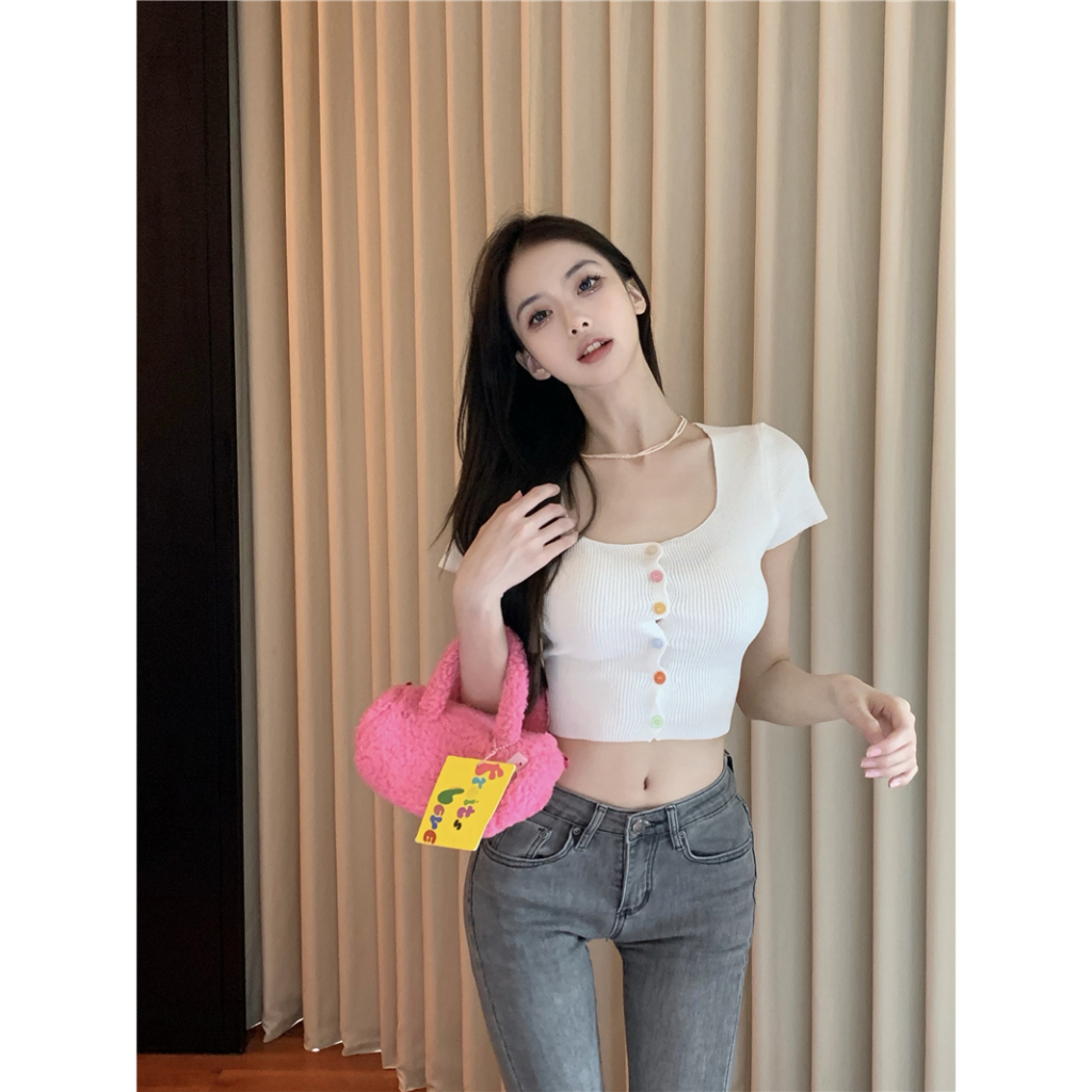 Lalisas Áo Dệt Kim Ngắn Tay Cổ Vuông Màu Kẹo Ngọt Thời Trang Cho Nữ