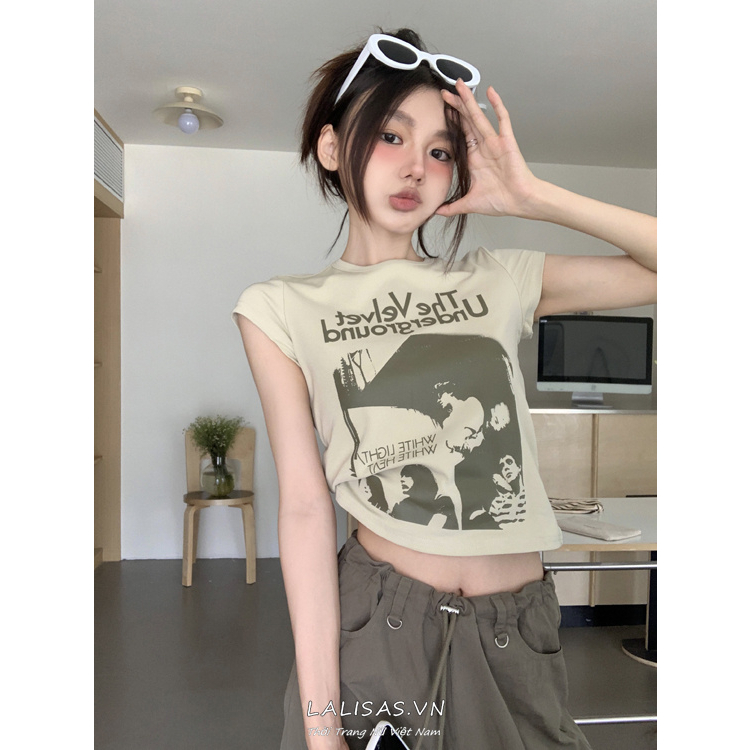 Lalisas Áo Croptop Tay Ngắn In Chữ Cái Phong Cách Retro Mỹ Ngọt Ngào Cho Nữ