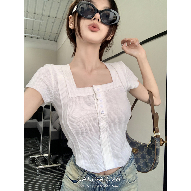 Áo Croptop Tay Ngắn Cổ Vuông Dáng Ôm Phối Nút Thời Trang Cho Nữ
