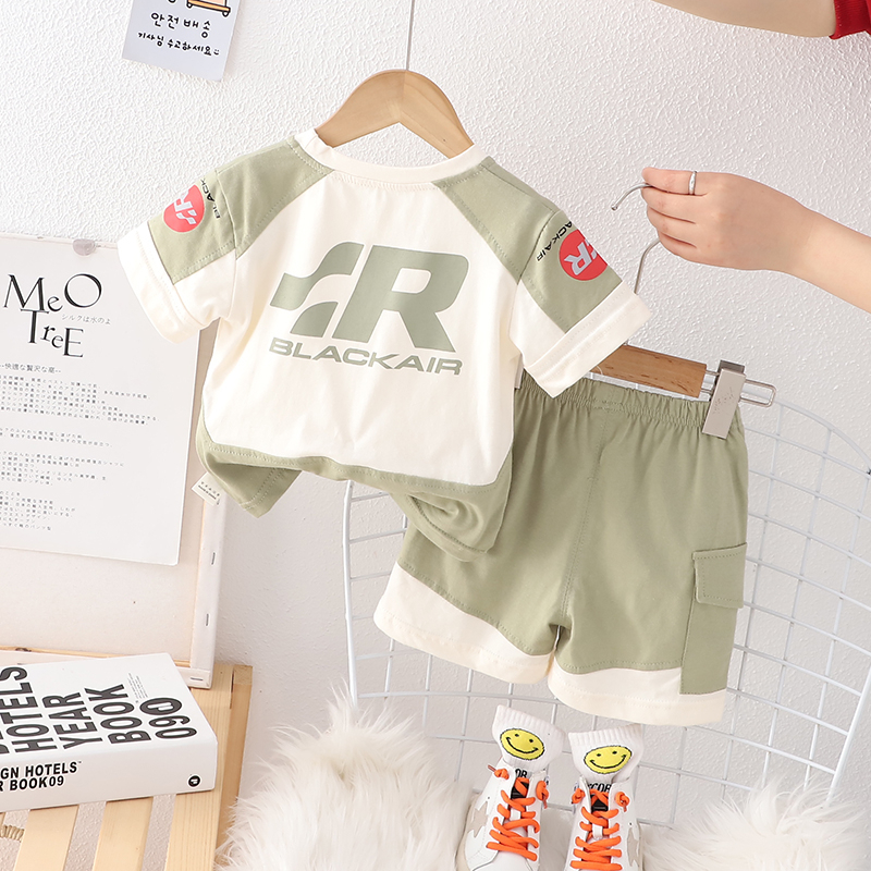 Set Áo Thun Tay Ngắn Cổ Tròn In Chữ + Quần Short Cotton Họa Tiết Hoạt Hình Thời Trang Mùa Hè Kích Thước 80-120cm