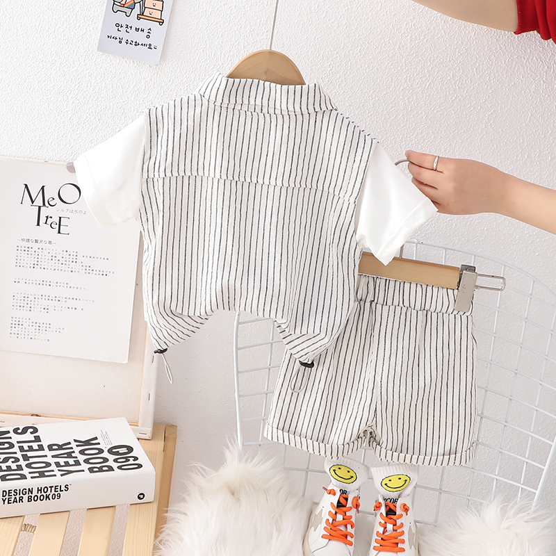 Áo Thun Tay Ngắn Giả Hai Lớp + Quần Short Cotton Họa Tiết Kẻ Sọc Thời Trang Mùa Hè Kiểu Mới Dành Cho Bé Trai Kích Thước 80-120cm