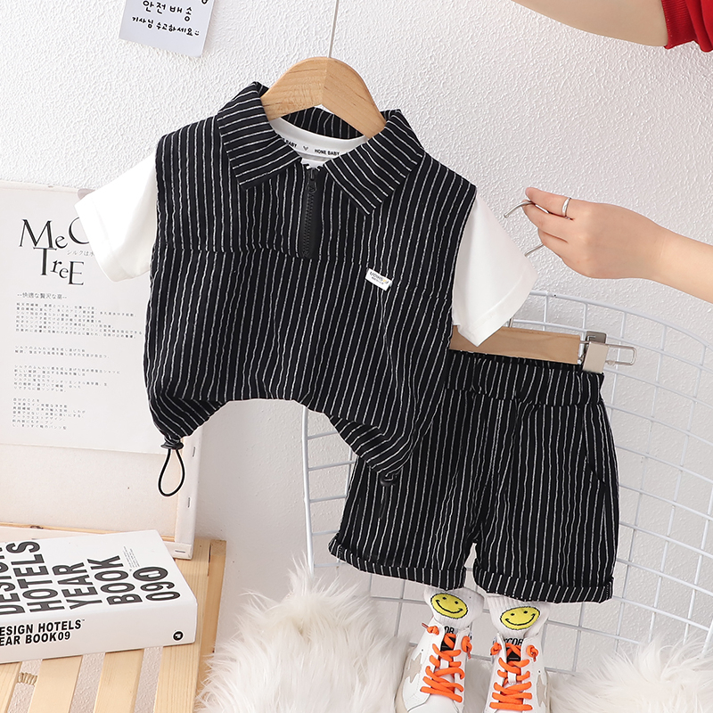 Áo Thun Tay Ngắn Giả Hai Lớp + Quần Short Cotton Họa Tiết Kẻ Sọc Thời Trang Mùa Hè Kiểu Mới Dành Cho Bé Trai Kích Thước 80-120cm