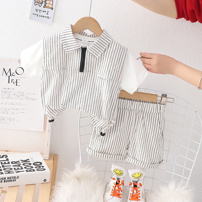 Áo Thun Tay Ngắn Giả Hai Lớp + Quần Short Cotton Họa Tiết Kẻ Sọc Thời Trang Mùa Hè Kiểu Mới Dành Cho Bé Trai Kích Thước 80-120cm