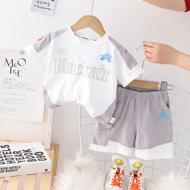 Set Áo Thun Tay Ngắn Cổ Tròn In Chữ + Quần Short Cotton Họa Tiết Hoạt Hình Thời Trang Mùa Hè Kích Thước 80-120cm