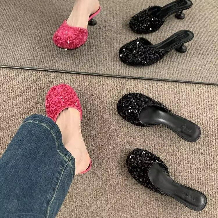 Ốp Bọc Giày Cao Gót Mũi Tròn Đính Kim Sa Lấp Lánh Dễ Thương