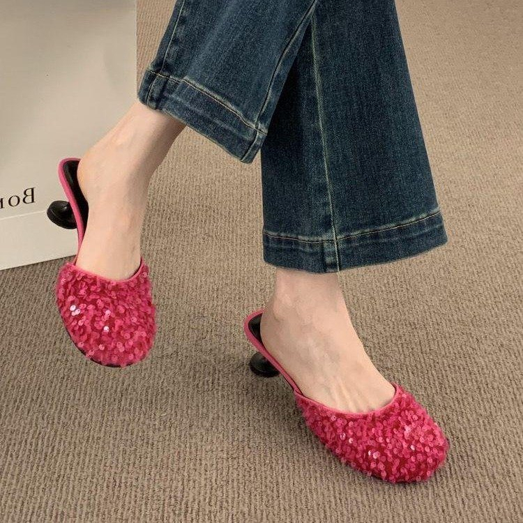 Ốp Bọc Giày Cao Gót Mũi Tròn Đính Kim Sa Lấp Lánh Dễ Thương