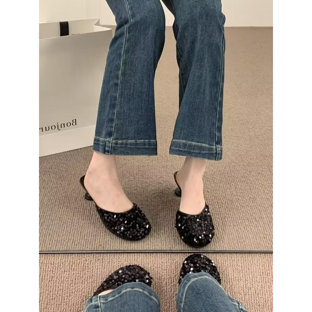 Ốp Bọc Giày Cao Gót Mũi Tròn Đính Kim Sa Lấp Lánh Dễ Thương