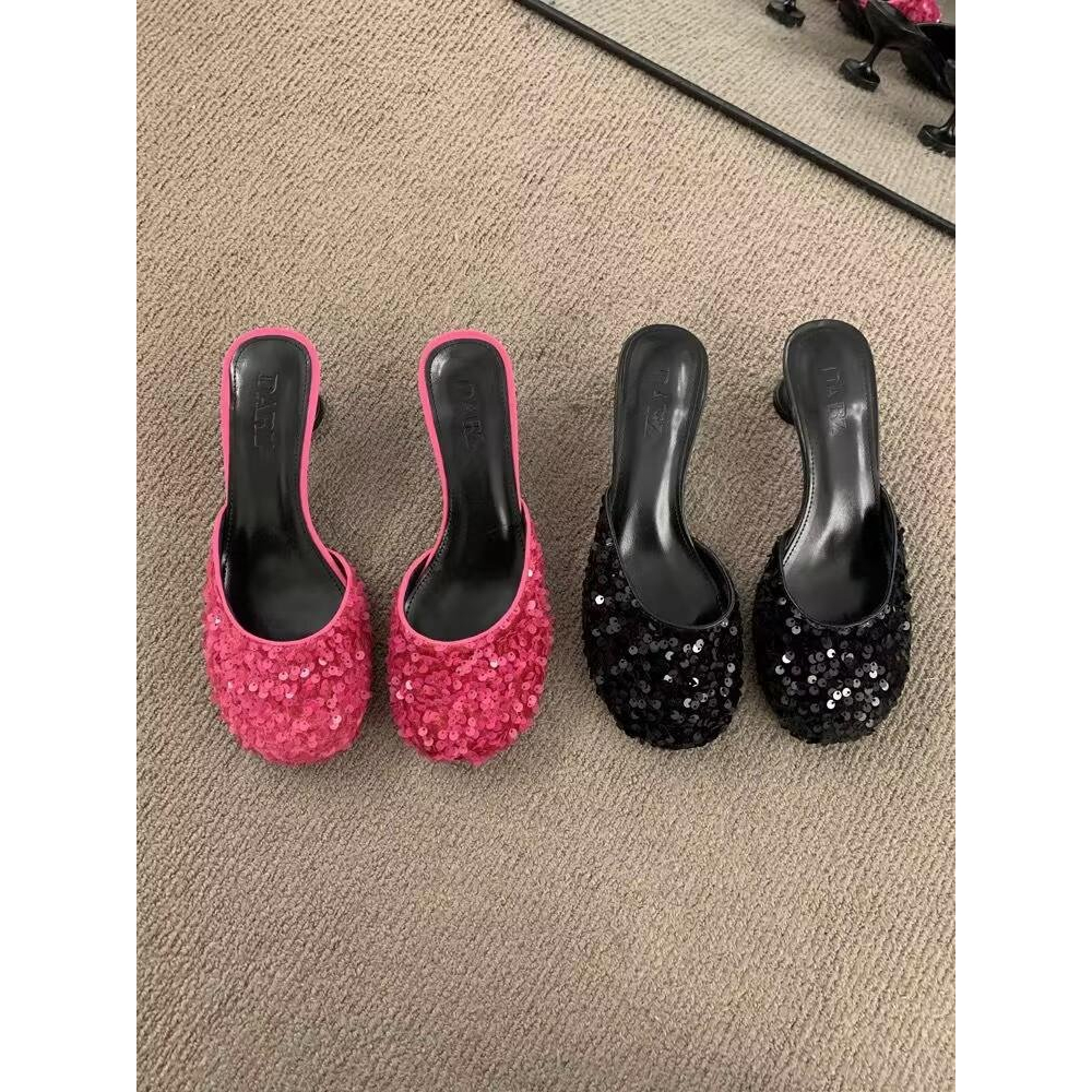 Ốp Bọc Giày Cao Gót Mũi Tròn Đính Kim Sa Lấp Lánh Dễ Thương