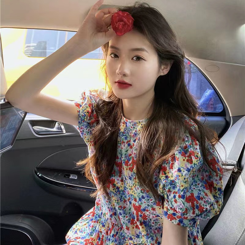 Đầm midi Tay Ngắn Phồng In Hoa Thời Trang Hàn Quốc Cho Nữ