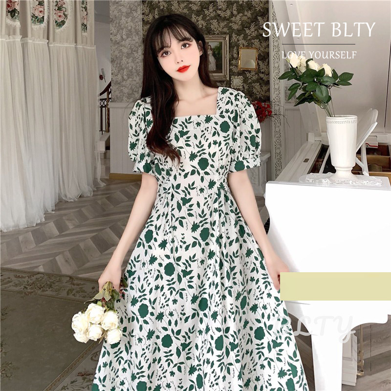 BLTY Váy hoa cúc Nhỏ Cổ Vuông Tay Phồng Cột Dây Eo Thời Trang Mùa Hè Xinh Xắn Cho Bé Gái