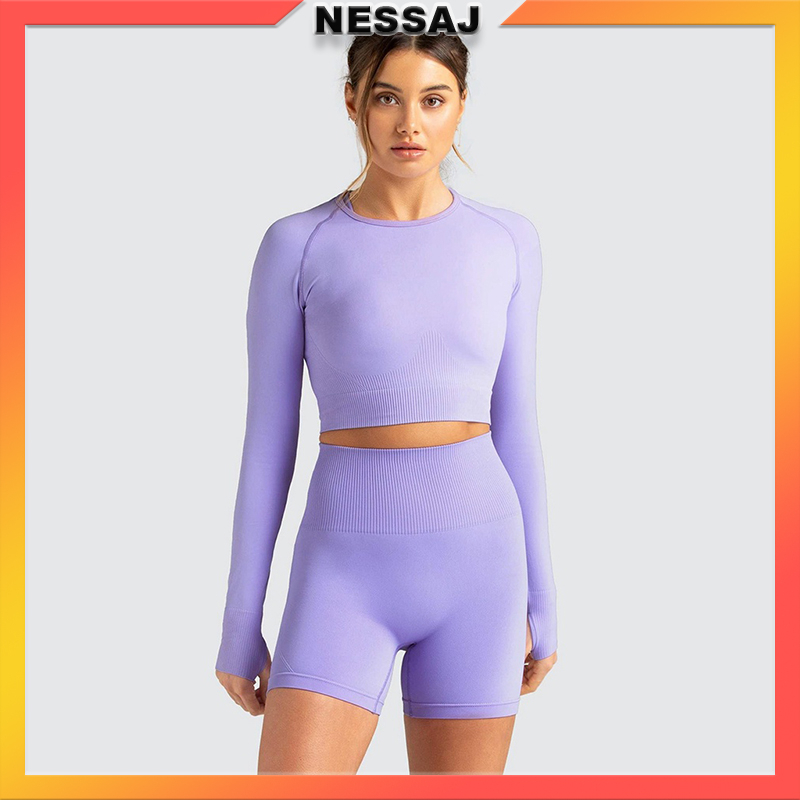 Women Sport Set Fitness Set Dàn dài tay áo Top Quần short eo cao Skinny Yoga Set Cardio Đào tạo Chạy bộ