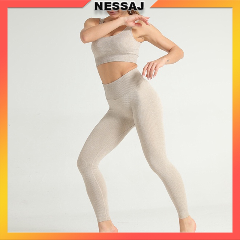 Set Đồ Tập Yoga Gồm Áo Ngực + Quần Legging Lưng Cao Không Đường May + Áo Ngực Thể Thao Co Giãn Thời Trang Cho Nữ