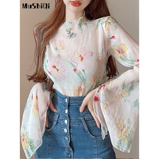 Áo Nữ Tay Dài Ống Loe Cổ Cao In Hoa Thời Trang Mới