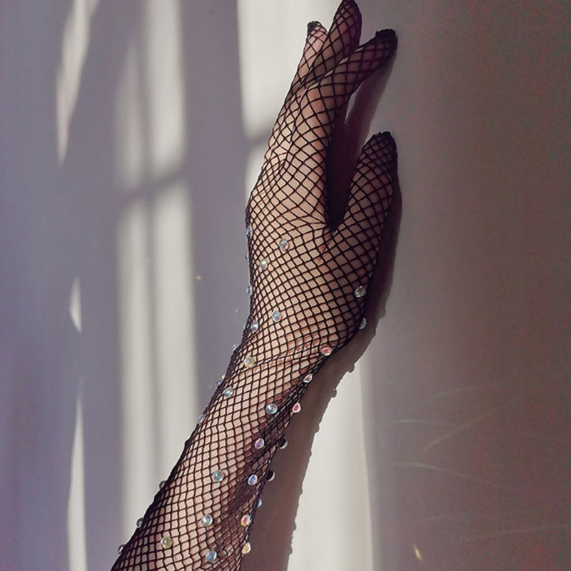 Găng Tay Lưới Dài Đính Đá Lấp Lánh Thời Trang Cho Nữ