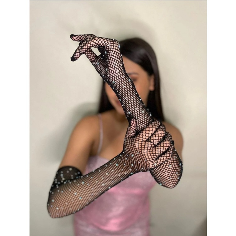 Găng Tay Lưới Dài Đính Đá Lấp Lánh Thời Trang Cho Nữ