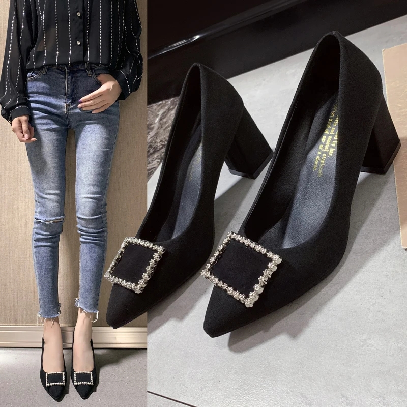 Giày cao gót MURIOKI 5-7cm màu đen có khóa cài thời trang công sở 2022 cho bạn gái