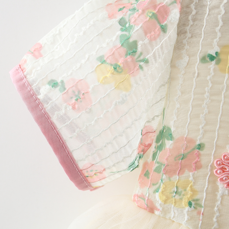 Đầm Công Chúa Hán Phục Phối Lưới Thêu Hoa Cài Nút Kiểu Trung Hoa Dễ Thương Cho Bé Gái