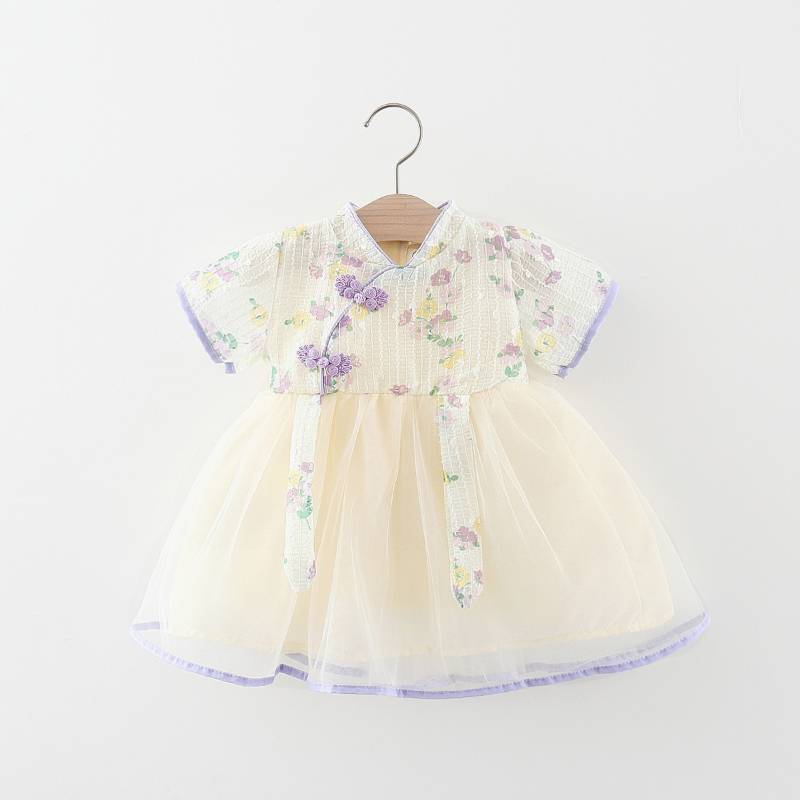 Đầm Công Chúa Hán Phục Phối Lưới Thêu Hoa Cài Nút Kiểu Trung Hoa Dễ Thương Cho Bé Gái