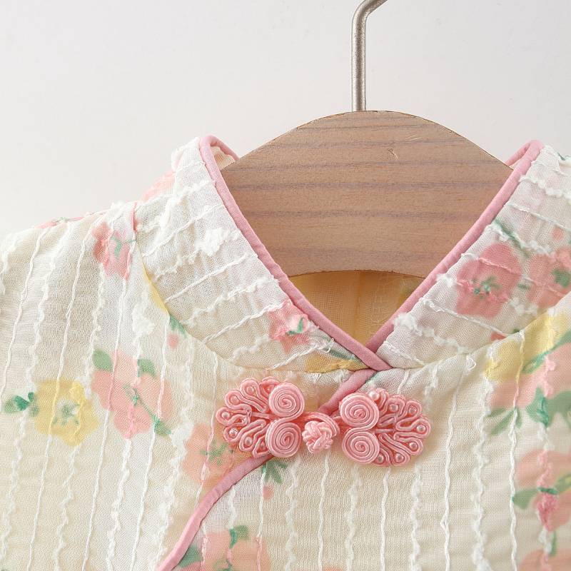 Đầm Công Chúa Hán Phục Phối Lưới Thêu Hoa Cài Nút Kiểu Trung Hoa Dễ Thương Cho Bé Gái