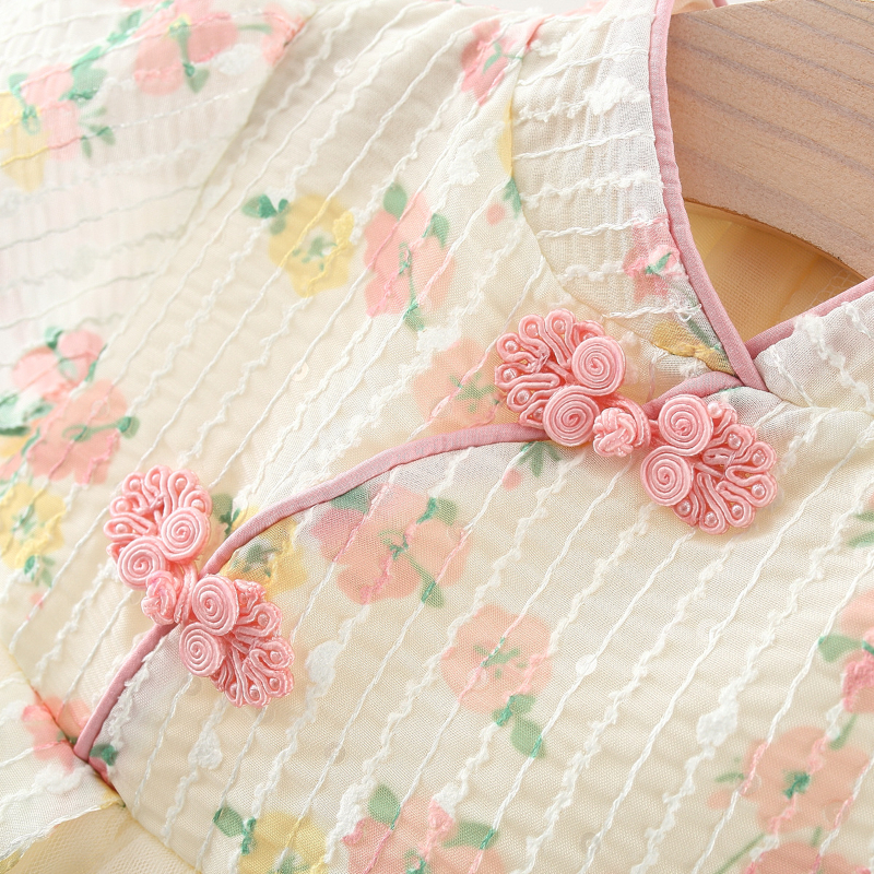 Đầm Công Chúa Hán Phục Phối Lưới Thêu Hoa Cài Nút Kiểu Trung Hoa Dễ Thương Cho Bé Gái