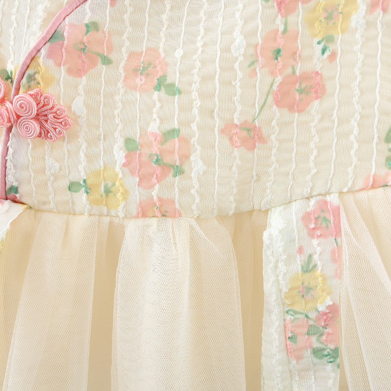 Đầm Công Chúa Hán Phục Phối Lưới Thêu Hoa Cài Nút Kiểu Trung Hoa Dễ Thương Cho Bé Gái