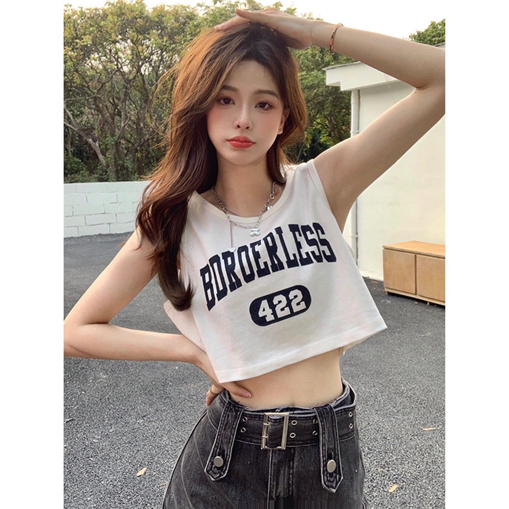 Áo Croptop Sát Nách Cổ Tròn In Chữ Thời Trang Mùa Hè Cho Nữ