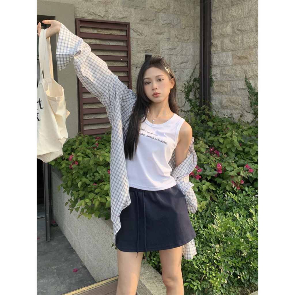 「MOTEL7」Set Áo Sơ Mi Caro + Áo Khoác Ghi Lê + Chân Váy Thời Trang Cho Nữ